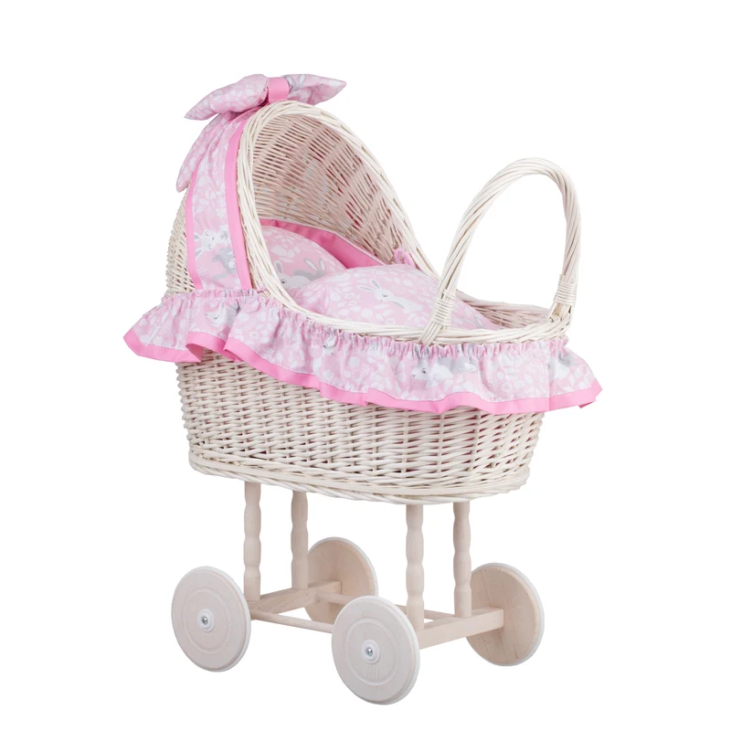 Lulu wicker doll stroller with pink trim, blanket, and pillow TheWickerStories