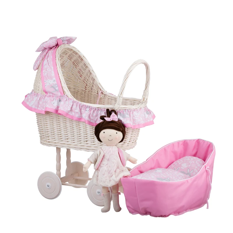 Lulu wicker doll stroller with pink trim, blanket, and pillow TheWickerStories