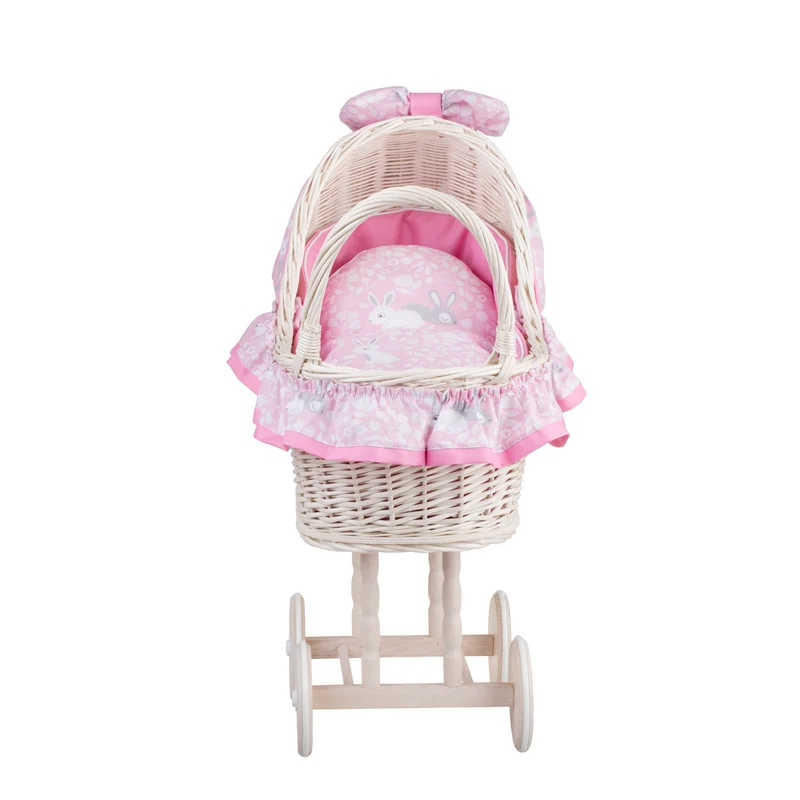 Lulu wicker doll stroller with pink trim, blanket, and pillow TheWickerStories