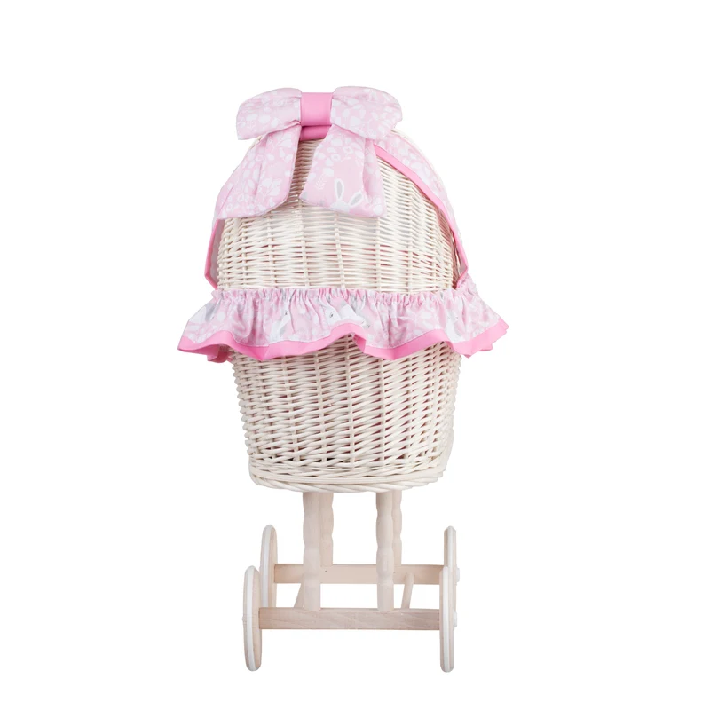 Lulu wicker doll stroller with pink trim, blanket, and pillow TheWickerStories