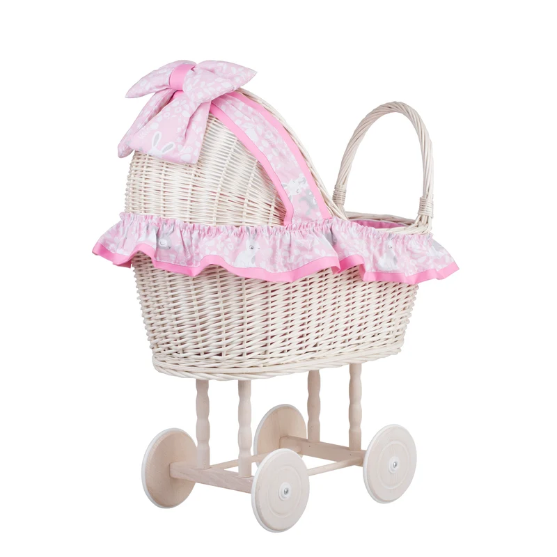 Lulu wicker doll stroller with pink trim, blanket, and pillow TheWickerStories