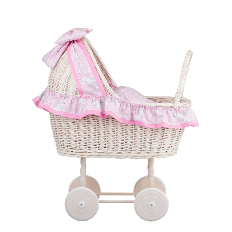 Lulu wicker doll stroller with pink trim, blanket, and pillow TheWickerStories