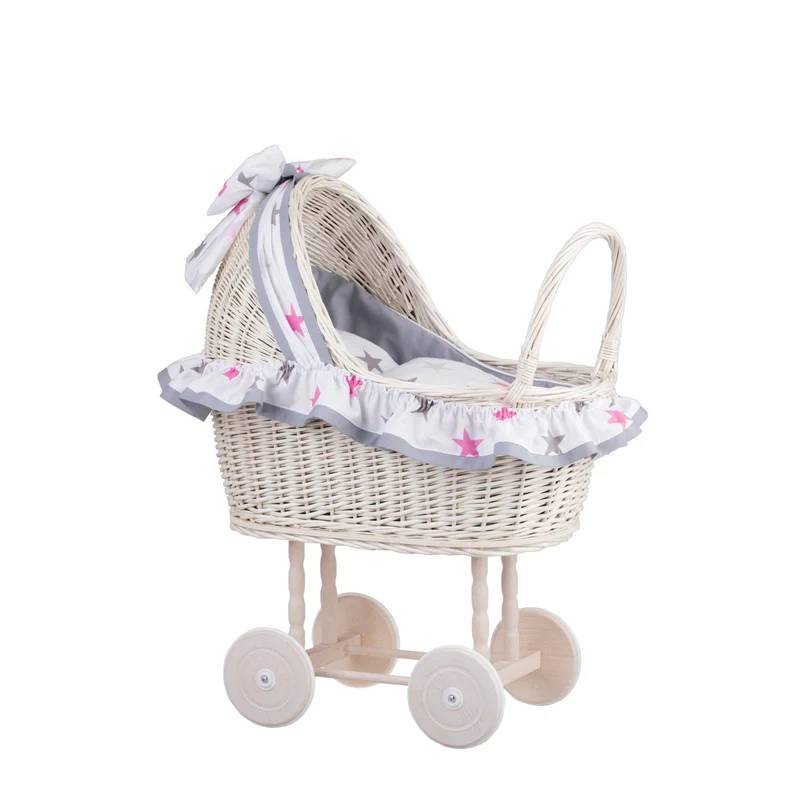 Lulu wicker doll stroller with gray trim, blanket, and pillow TheWickerStories