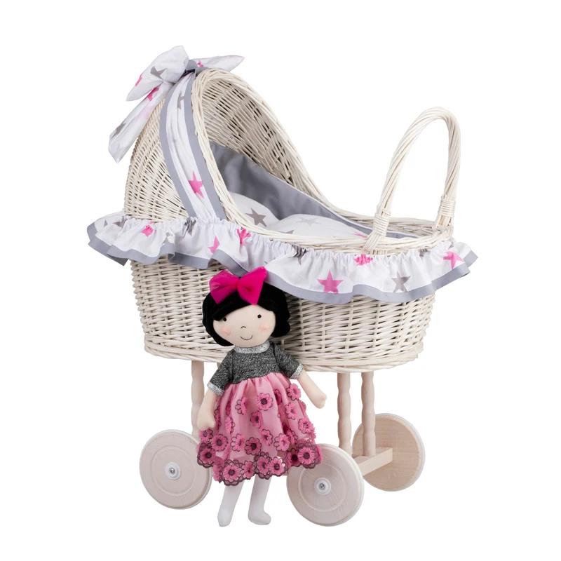 Lulu wicker doll stroller with gray trim, blanket, and pillow TheWickerStories