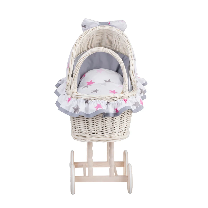 Lulu wicker doll stroller with gray trim, blanket, and pillow TheWickerStories