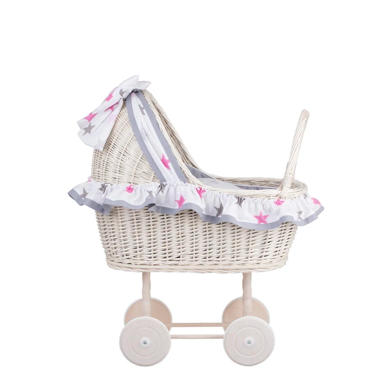 Lulu wicker doll stroller with gray trim, blanket, and pillow TheWickerStories