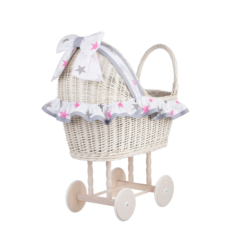 Lulu wicker doll stroller with gray trim, blanket, and pillow TheWickerStories