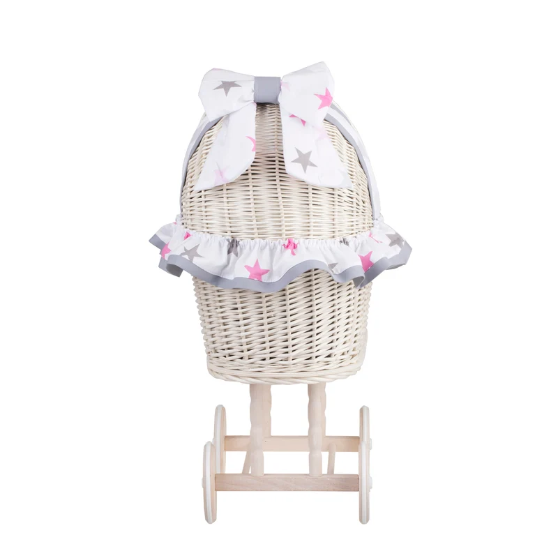 Lulu wicker doll stroller with gray trim, blanket, and pillow TheWickerStories