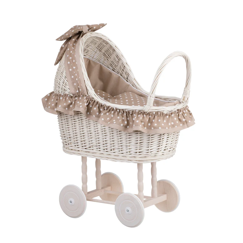Lulu wicker doll stroller with beige trim, blanket, and pillow TheWickerStories
