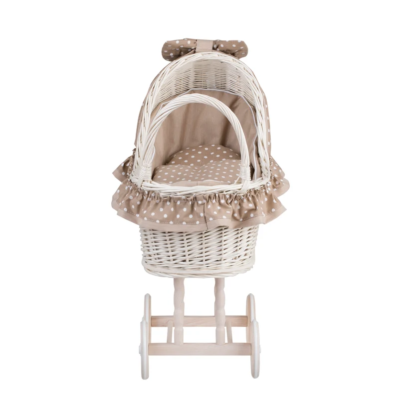 Lulu wicker doll stroller with beige trim, blanket, and pillow TheWickerStories