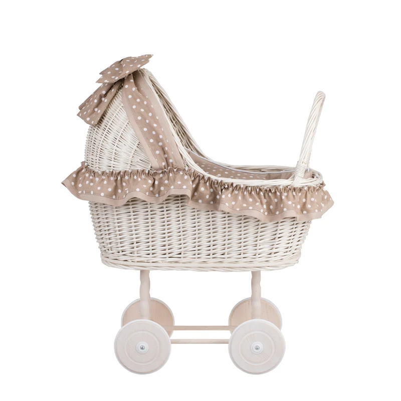 Lulu wicker doll stroller with beige trim, blanket, and pillow TheWickerStories