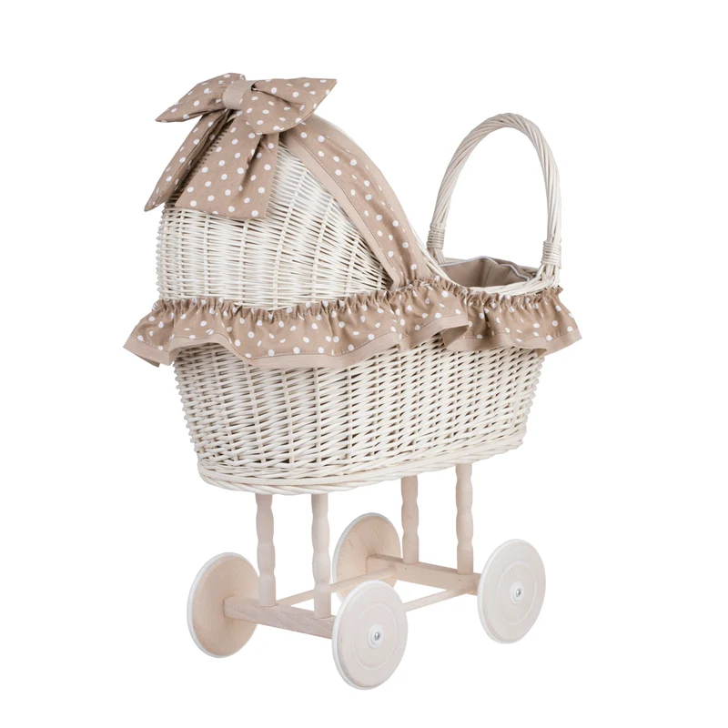 Lulu wicker doll stroller with beige trim, blanket, and pillow TheWickerStories