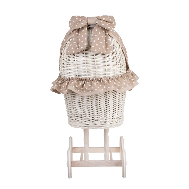 Lulu wicker doll stroller with beige trim, blanket, and pillow TheWickerStories
