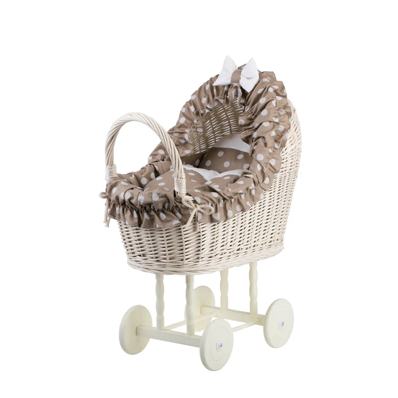 Lulu wicker doll stroller with beige trim, blanket, and pillow TheWickerStories