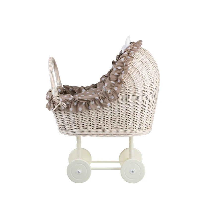 Lulu wicker doll stroller with beige trim, blanket, and pillow TheWickerStories