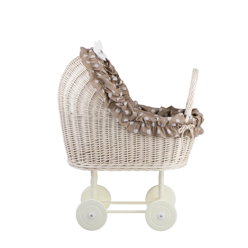 Lulu wicker doll stroller with beige trim, blanket, and pillow TheWickerStories