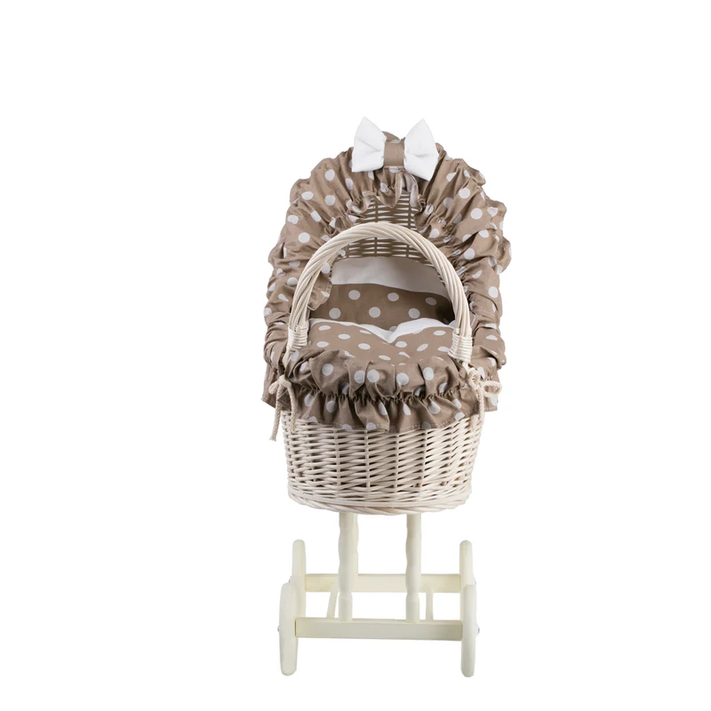 Lulu wicker doll stroller with beige trim, blanket, and pillow TheWickerStories