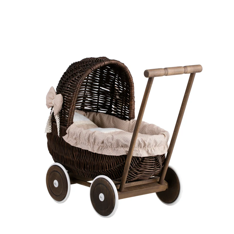 Lala wicker doll stroller with beige trim, blanket, and pillow TheWickerStories