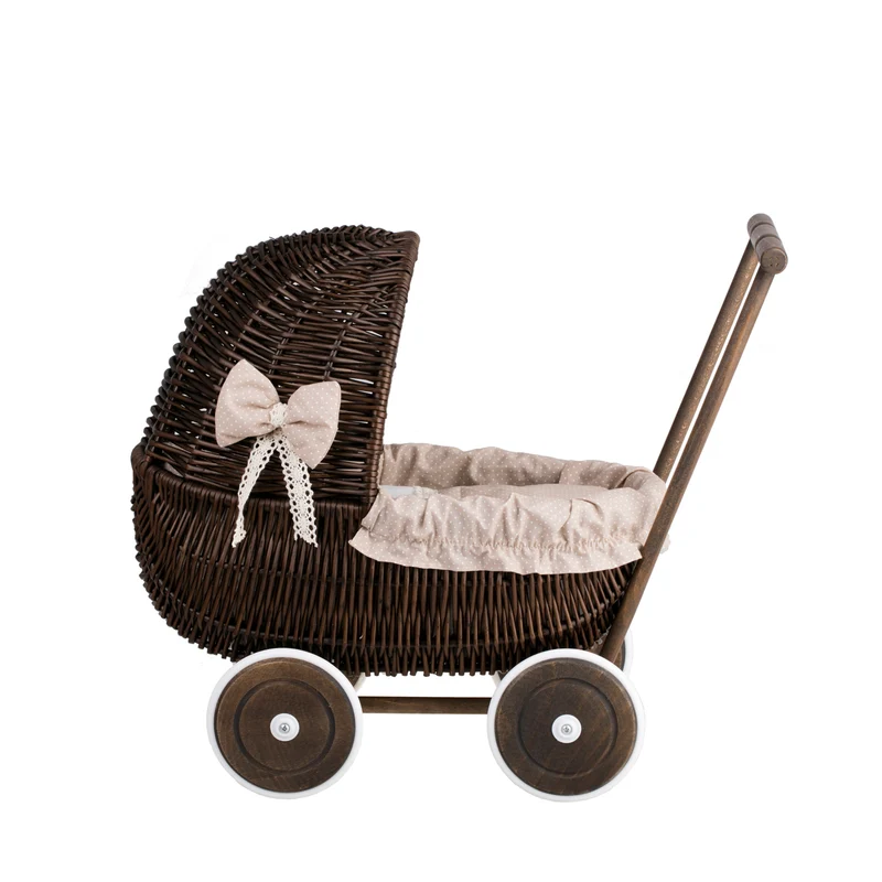 Lala wicker doll stroller with beige trim, blanket, and pillow TheWickerStories
