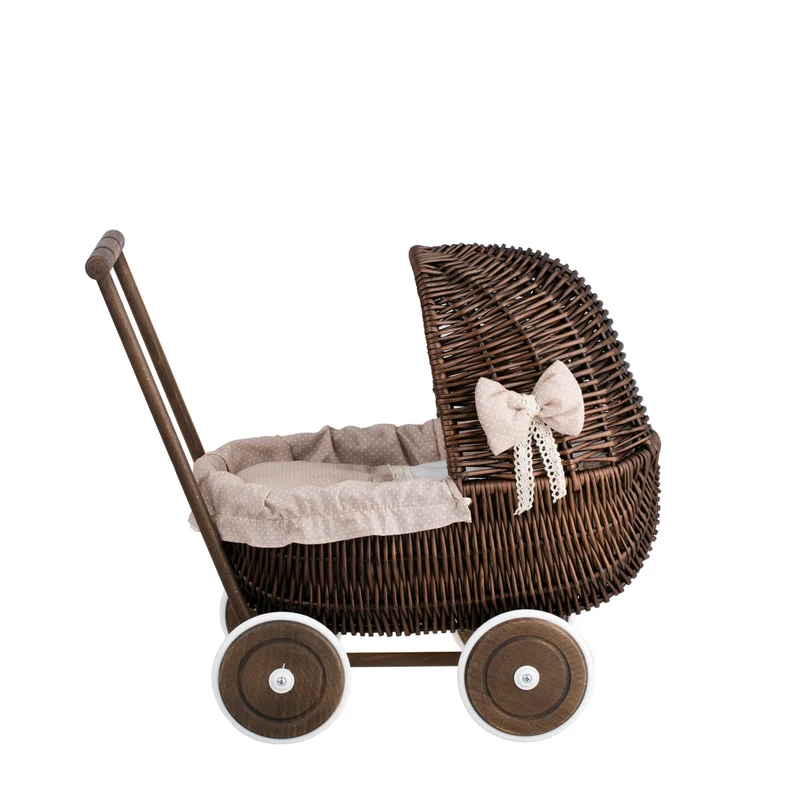 Lala wicker doll stroller with beige trim, blanket, and pillow TheWickerStories