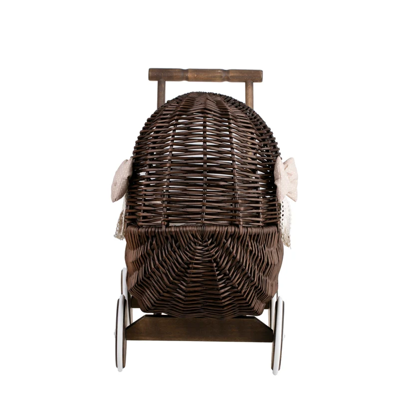 Lala wicker doll stroller with beige trim, blanket, and pillow TheWickerStories