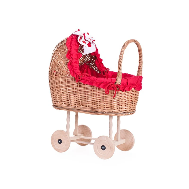 Lulu wicker doll stroller with red trim, blanket, and pillow TheWickerStories