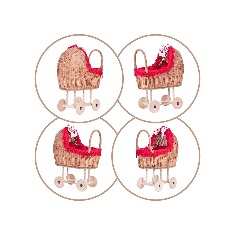 Lulu wicker doll stroller with red trim, blanket, and pillow TheWickerStories