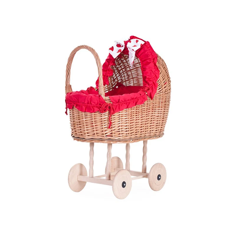 Lulu wicker doll stroller with red trim, blanket, and pillow TheWickerStories