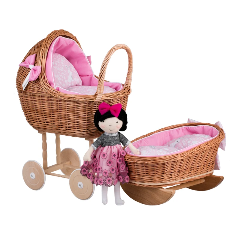 Lena wicker stroller and cradle for dolls with pink trim, blanket, and pillow TheWickerStories
