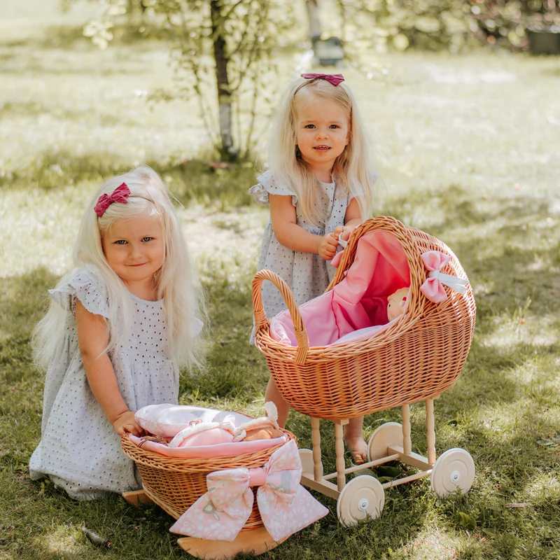 Lena wicker stroller and cradle for dolls with pink trim, blanket, and pillow TheWickerStories