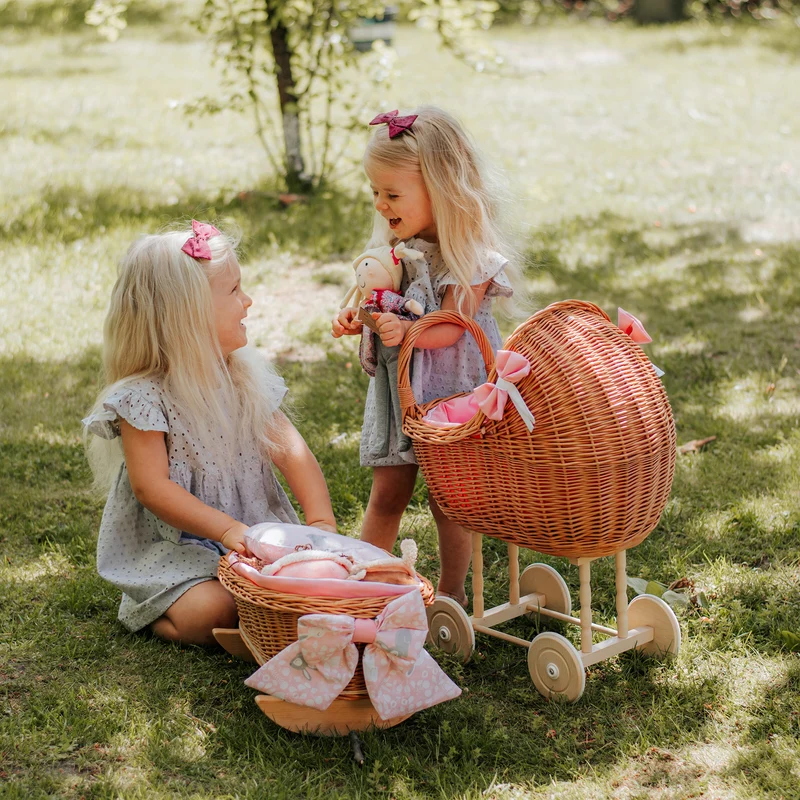 Lena wicker stroller and cradle for dolls with pink trim, blanket, and pillow TheWickerStories