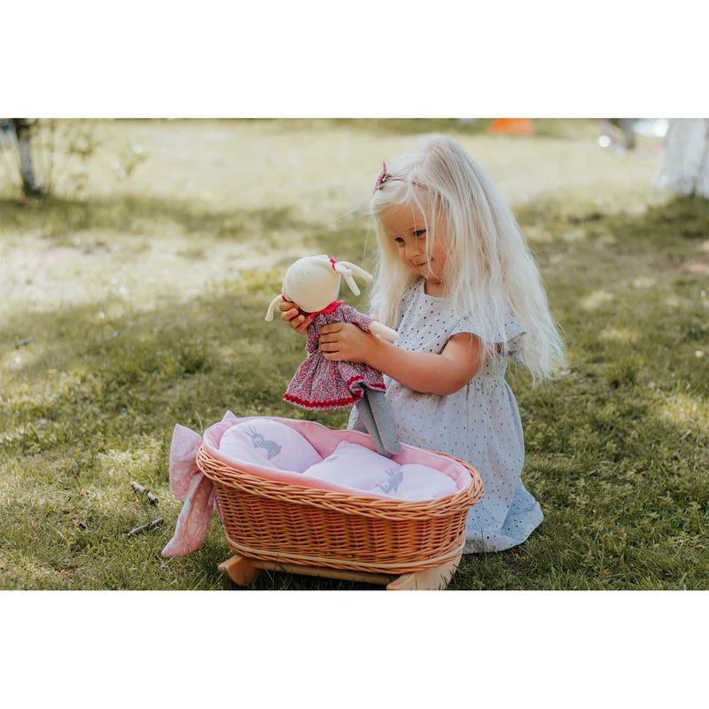 Lena wicker stroller and cradle for dolls with pink trim, blanket, and pillow TheWickerStories