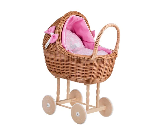 Lena wicker stroller and cradle for dolls with pink trim, blanket, and pillow TheWickerStories