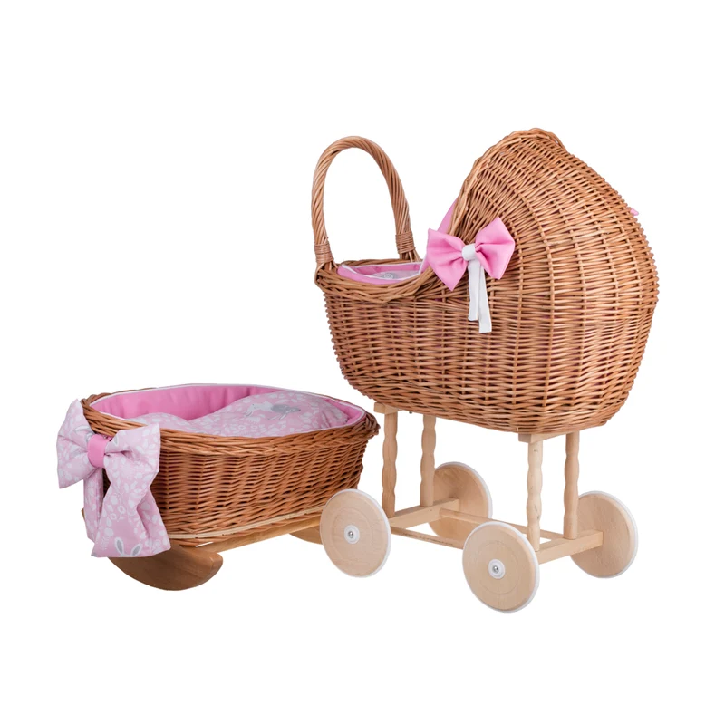 Lena wicker stroller and cradle for dolls with pink trim, blanket, and pillow TheWickerStories