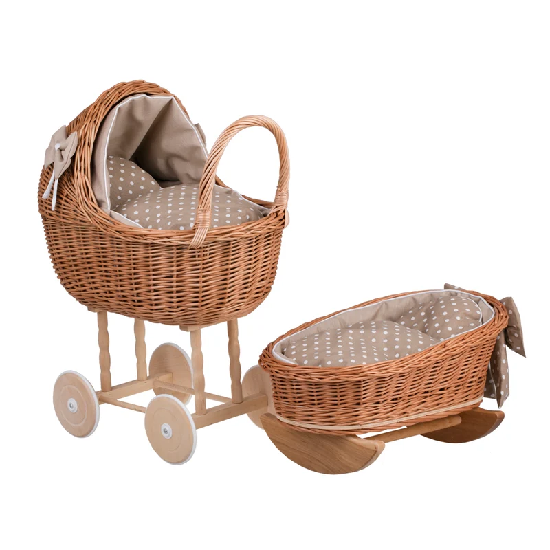 Lena wicker doll stroller and cradle with beige trim, blanket, and pillow TheWickerStories