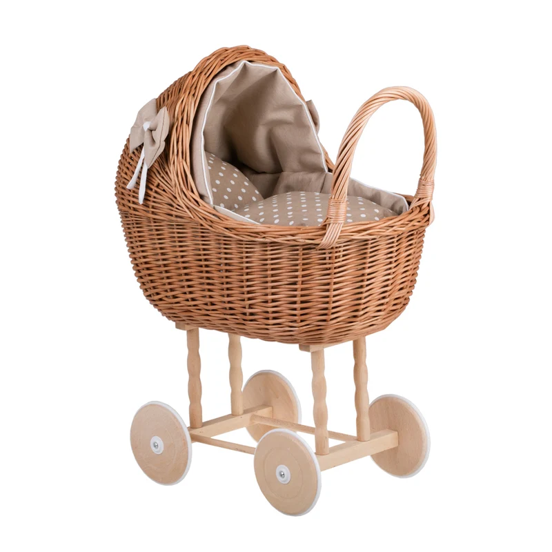 Lena wicker doll stroller and cradle with beige trim, blanket, and pillow TheWickerStories