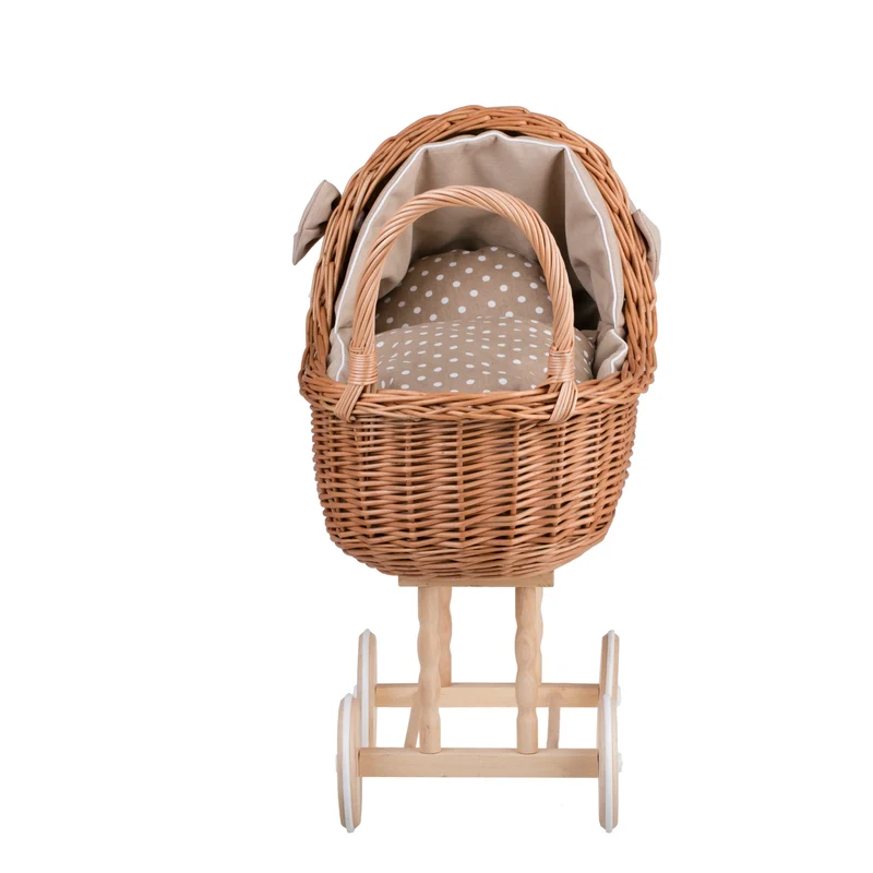 Lena wicker doll stroller and cradle with beige trim, blanket, and pillow TheWickerStories