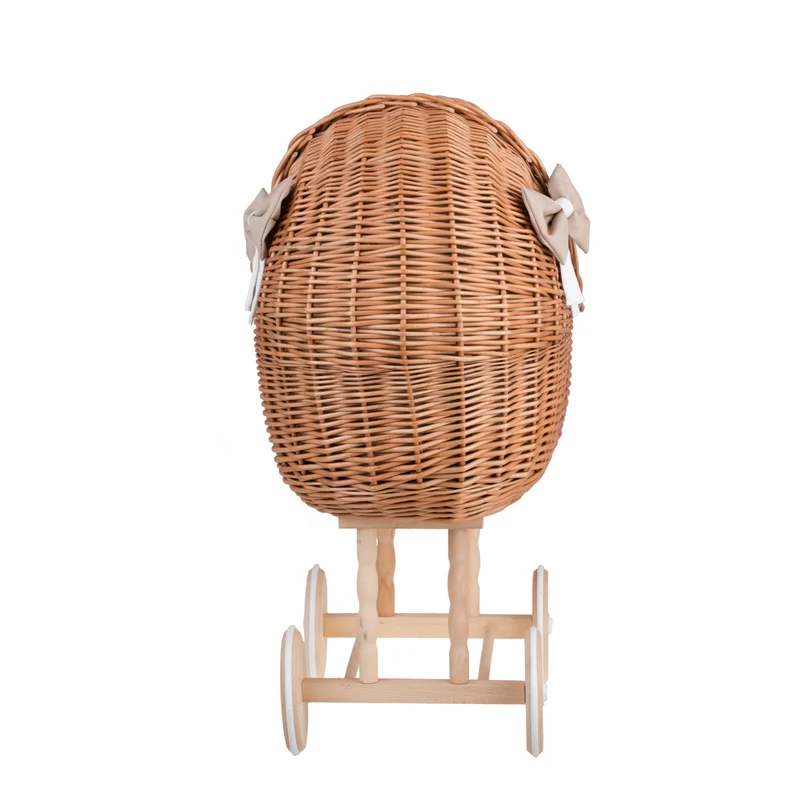 Lena wicker doll stroller and cradle with beige trim, blanket, and pillow TheWickerStories