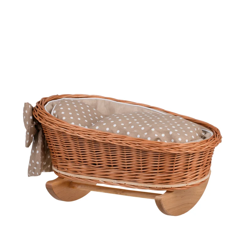 Lena wicker doll stroller and cradle with beige trim, blanket, and pillow TheWickerStories