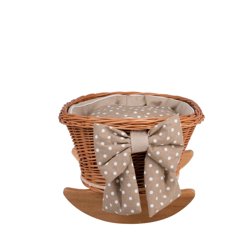Lena wicker doll stroller and cradle with beige trim, blanket, and pillow TheWickerStories