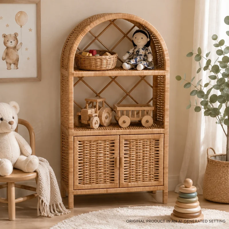 Camellia wicker shelf, wicker furniture, storage cabinet with shelves TheWickerStories