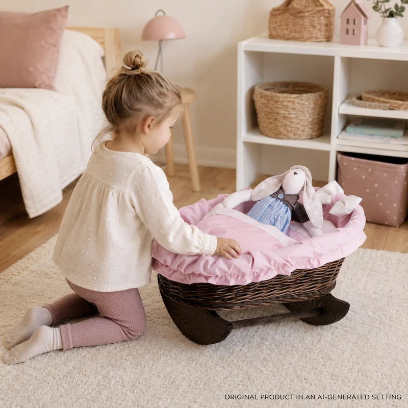 Mimi wicker cradle for dolls with pink lining, pillow and duvet TheWickerStories