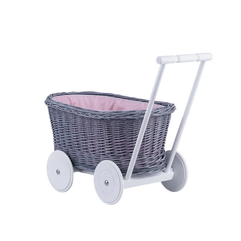 Luna wicker push stroller for dolls with pink trim TheWickerStories