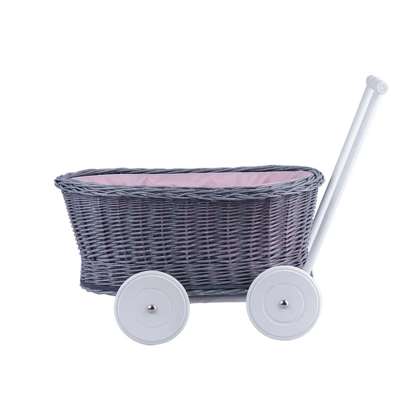 Luna wicker push stroller for dolls with pink trim TheWickerStories