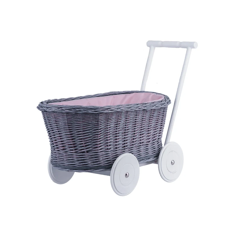 Luna wicker push stroller for dolls with pink trim TheWickerStories