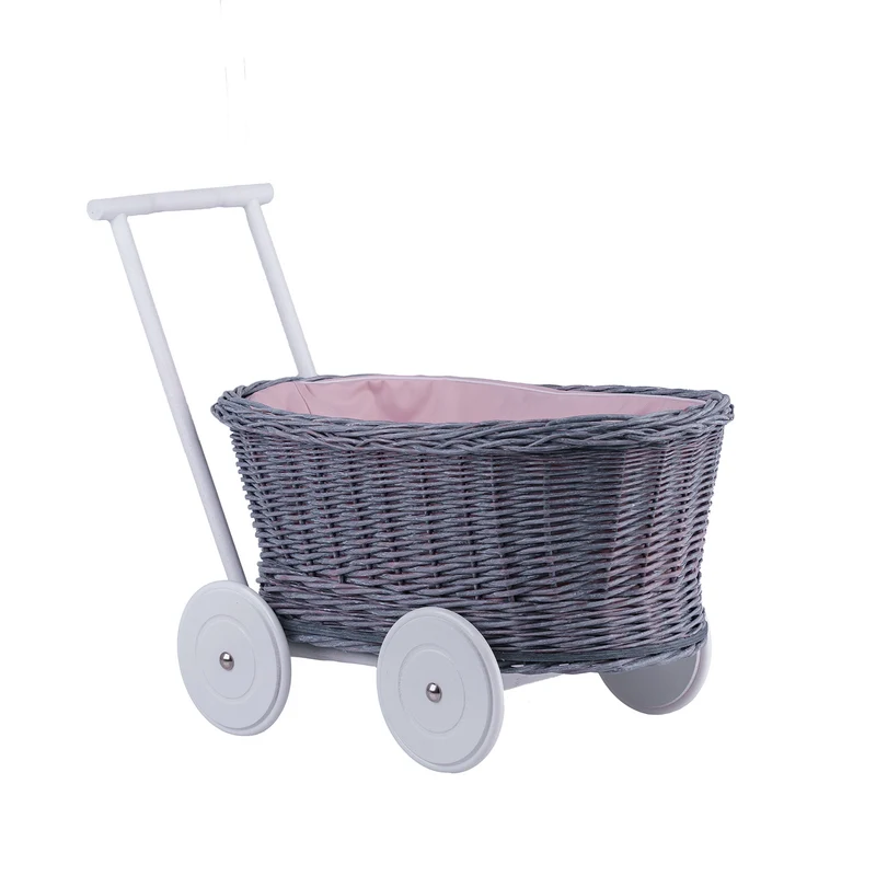 Luna wicker push stroller for dolls with pink trim TheWickerStories