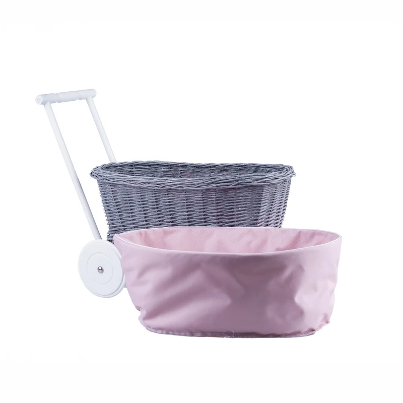Luna wicker push stroller for dolls with pink trim TheWickerStories