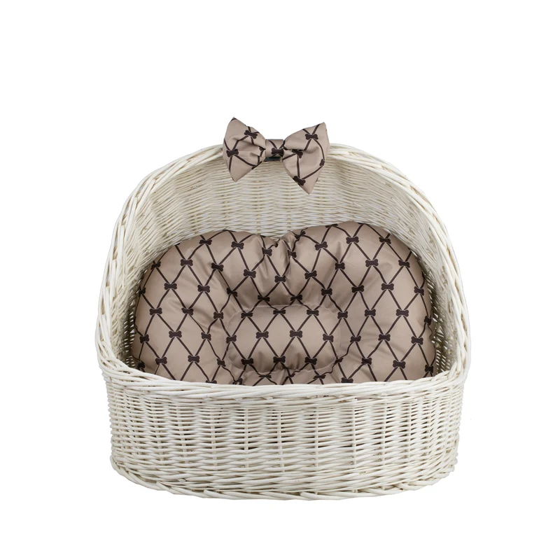 Elsa wicker pet bed basket with beige cushion and bow TheWickerStories
