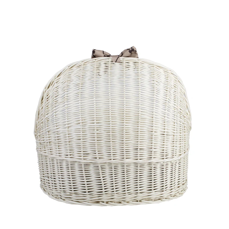 Elsa wicker pet bed basket with beige cushion and bow TheWickerStories