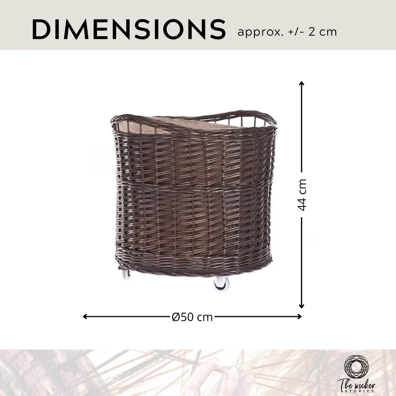 Caros large, round, mobile storage basket, wicker display basket with jute trim TheWickerStories